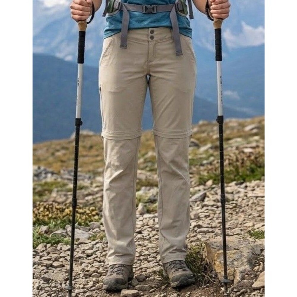 Columbia Omni-Shield Women Hiking Convertible Pants Pockets Beige 8 Zip Off Legs